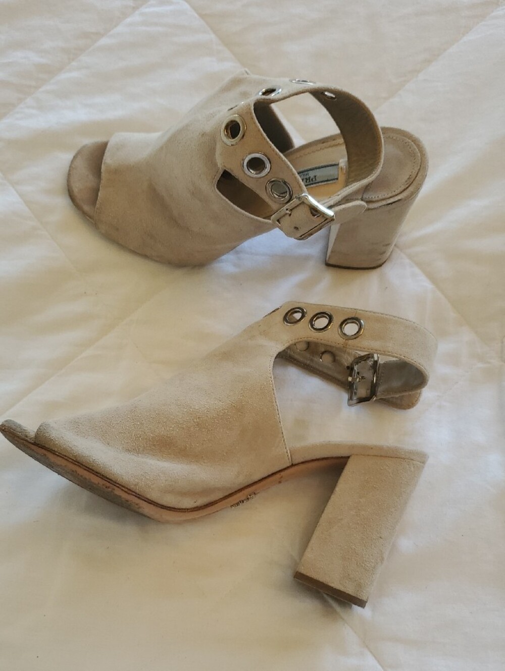 Prada Beige Suede Open-Toe Block Heel Sandals - Picture 2 of 3